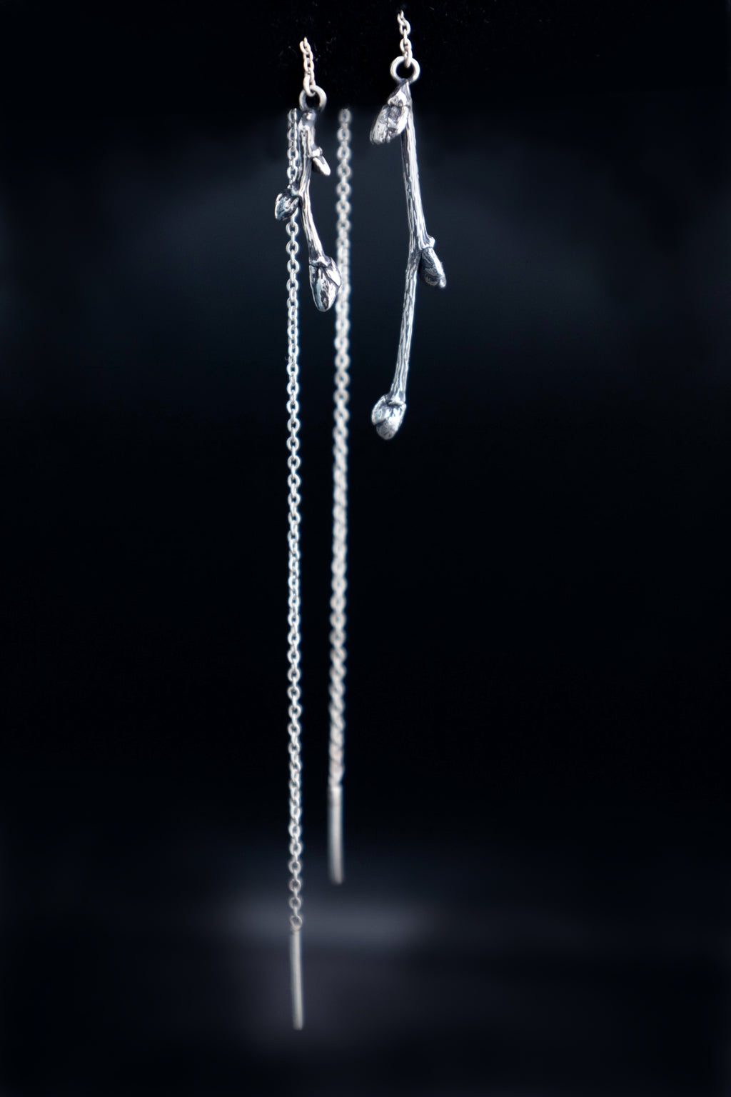 Asymmetric Twig Threader Earrings, Pair Sterling Silver Branch Mismatched Ear Threads