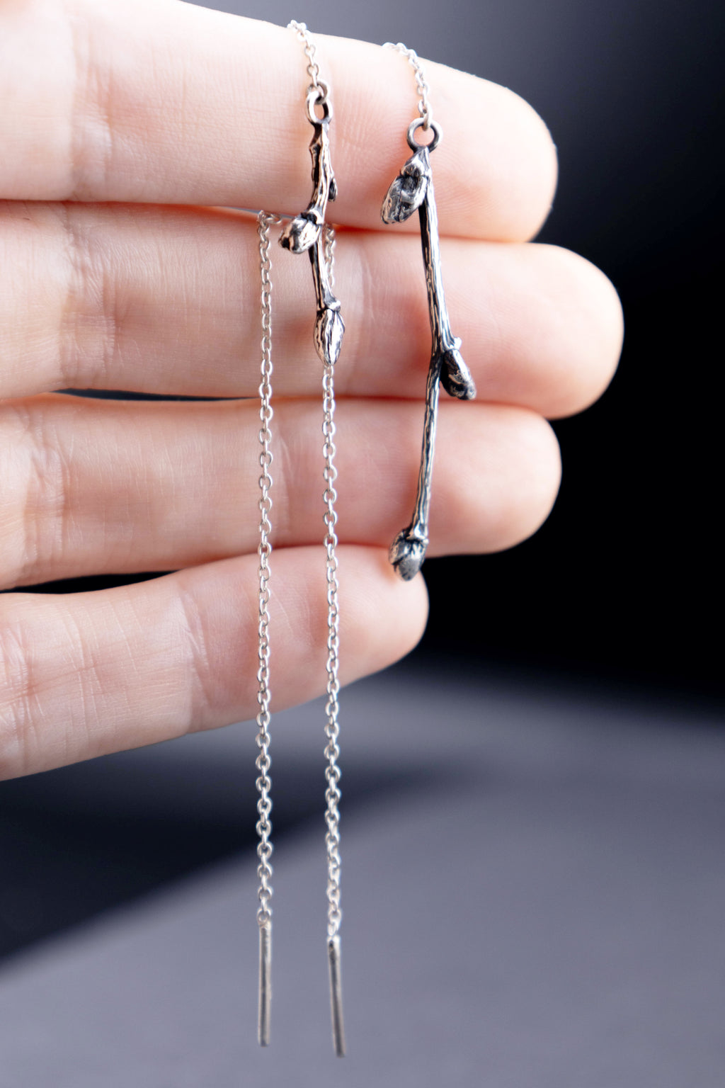 Asymmetric Twig Threader Earrings, Pair Sterling Silver Branch Mismatched Ear Threads
