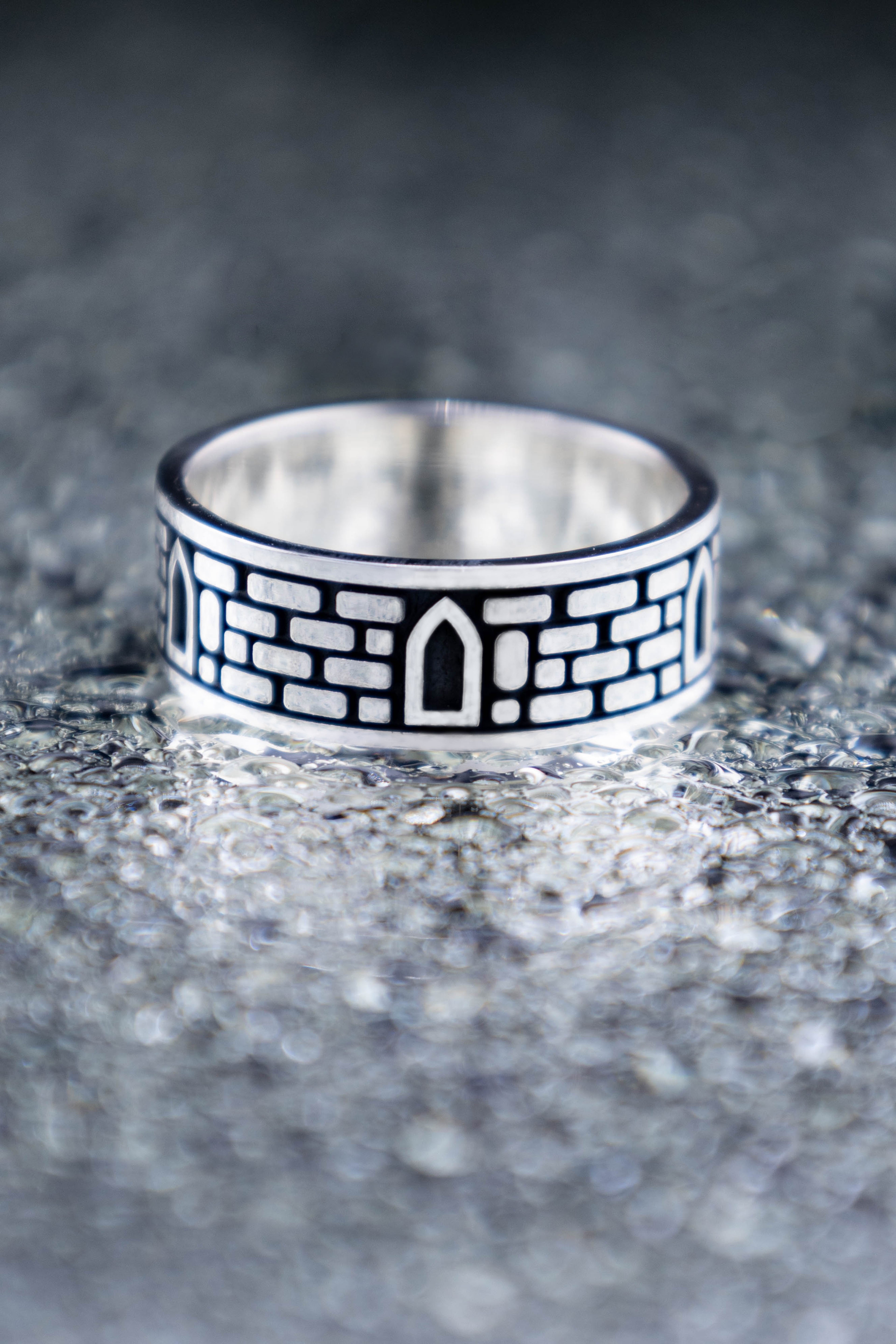 Castle Wall Ring Sterling Silver, Brick Medieval band, Gothic Architecture Jewelry