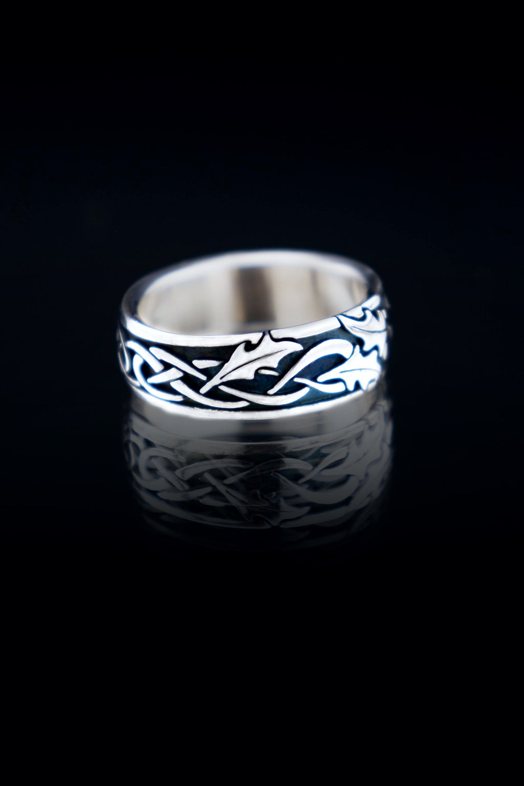 Celtic holly leaf ring in solid sterling silver, oxidized nature-inspired band