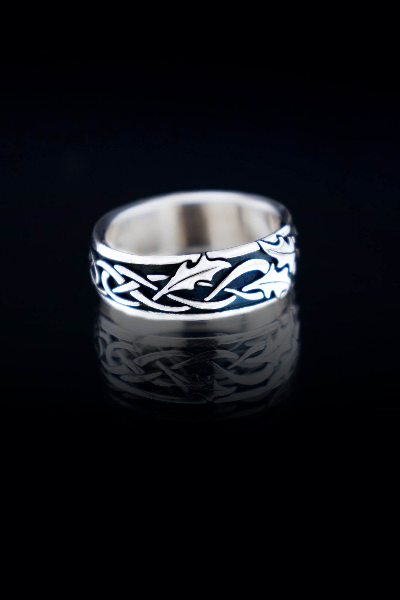 Celtic holly leaf ring in solid sterling silver, oxidized nature-inspired band
