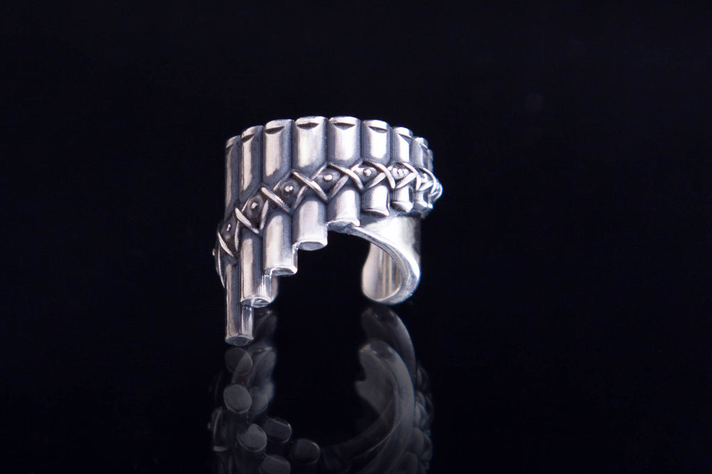 handcrafted sterling silver pan flute ear cuff, texture details