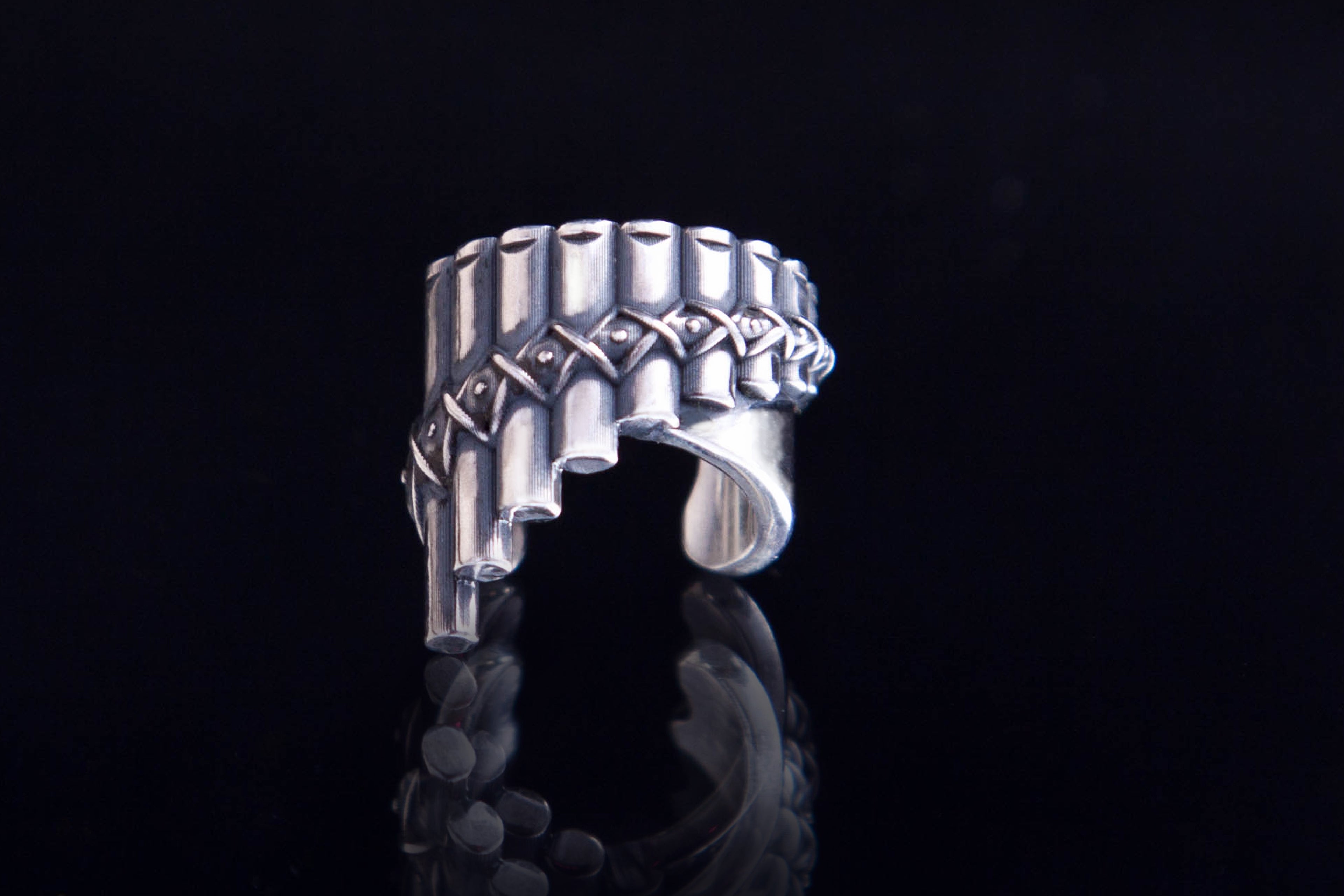 handcrafted sterling silver pan flute ear cuff, texture details