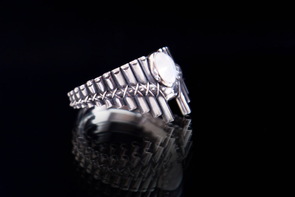 Sterling silver Pan Flute ring with moonstone, statement music jewelry