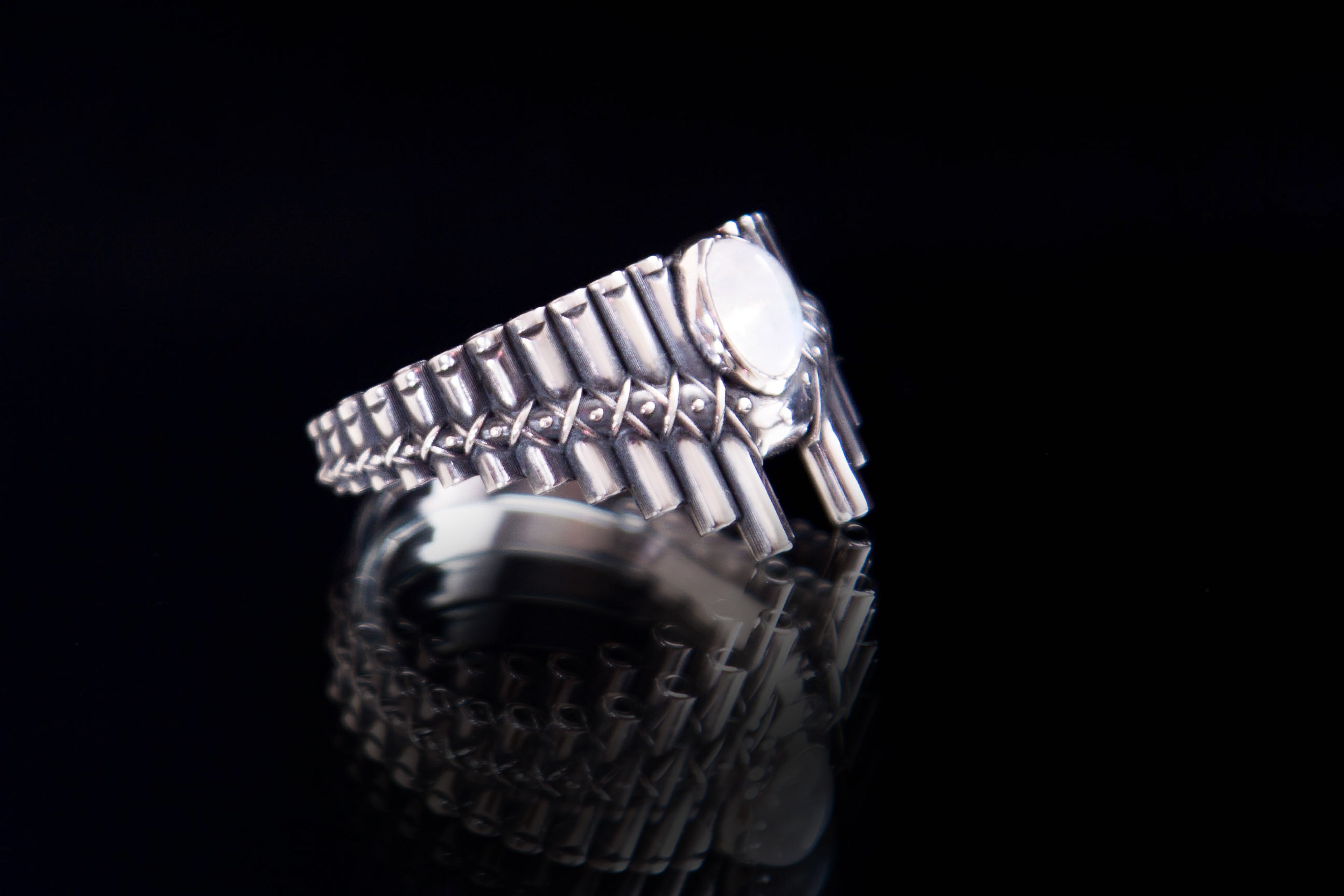 Sterling silver Pan Flute ring with moonstone, statement music jewelry