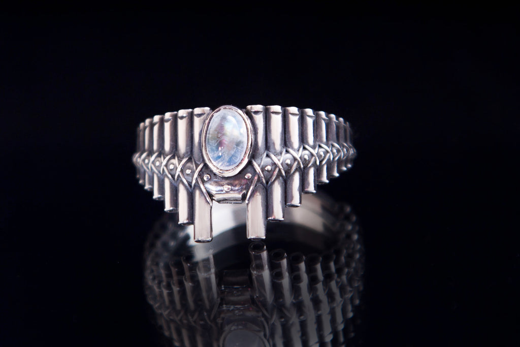 Handmade Pan Flute silver ring with moonstone, musical gift