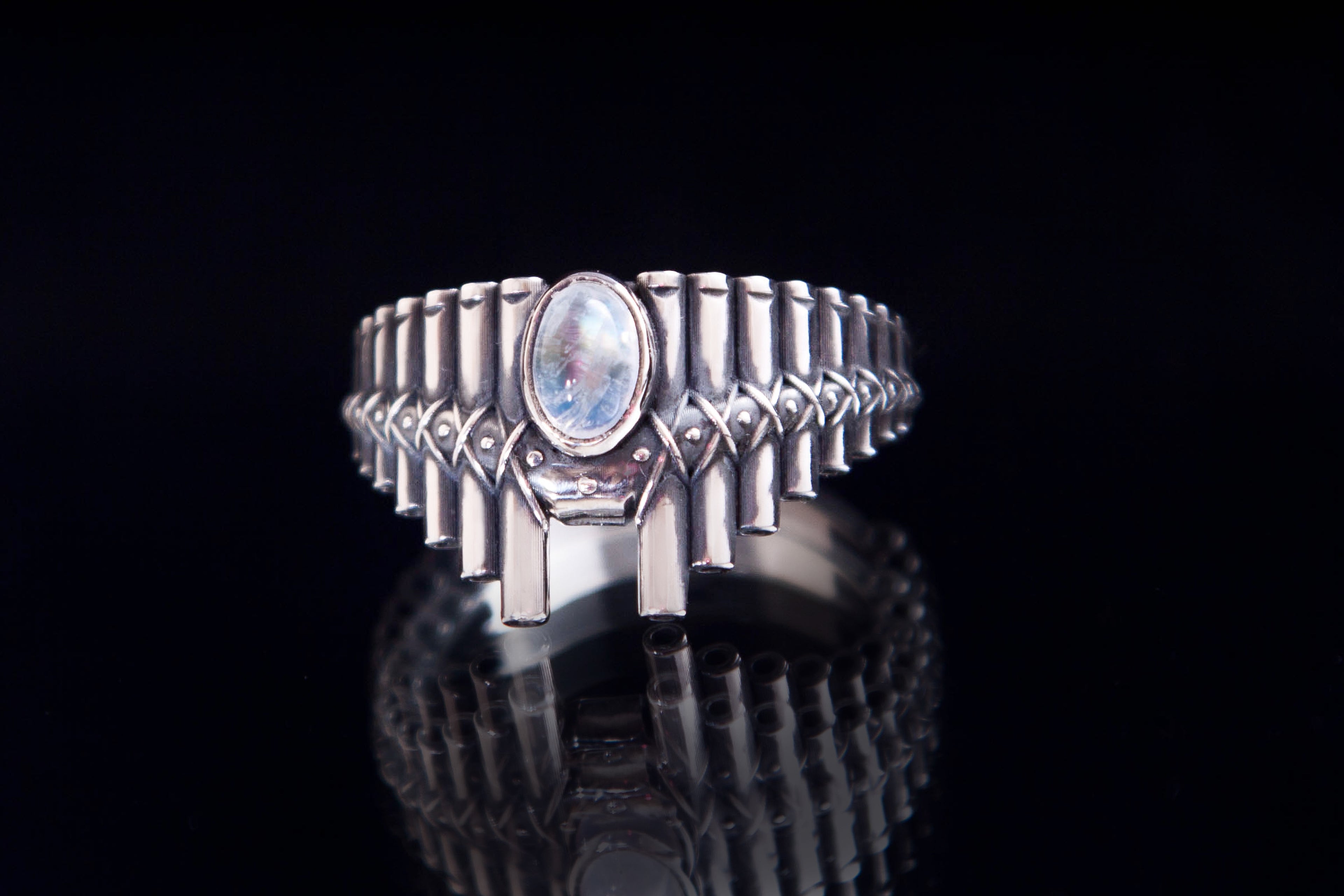 Handmade Pan Flute silver ring with moonstone, musical gift
