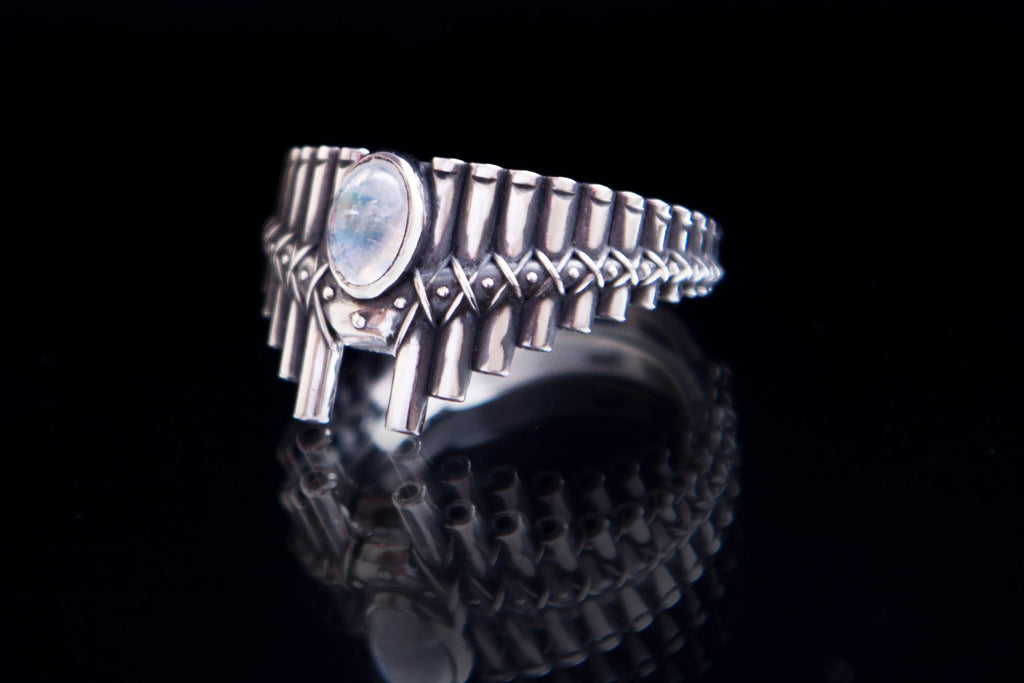 Myth inspired silver ring with moonstone, artisan statement ring