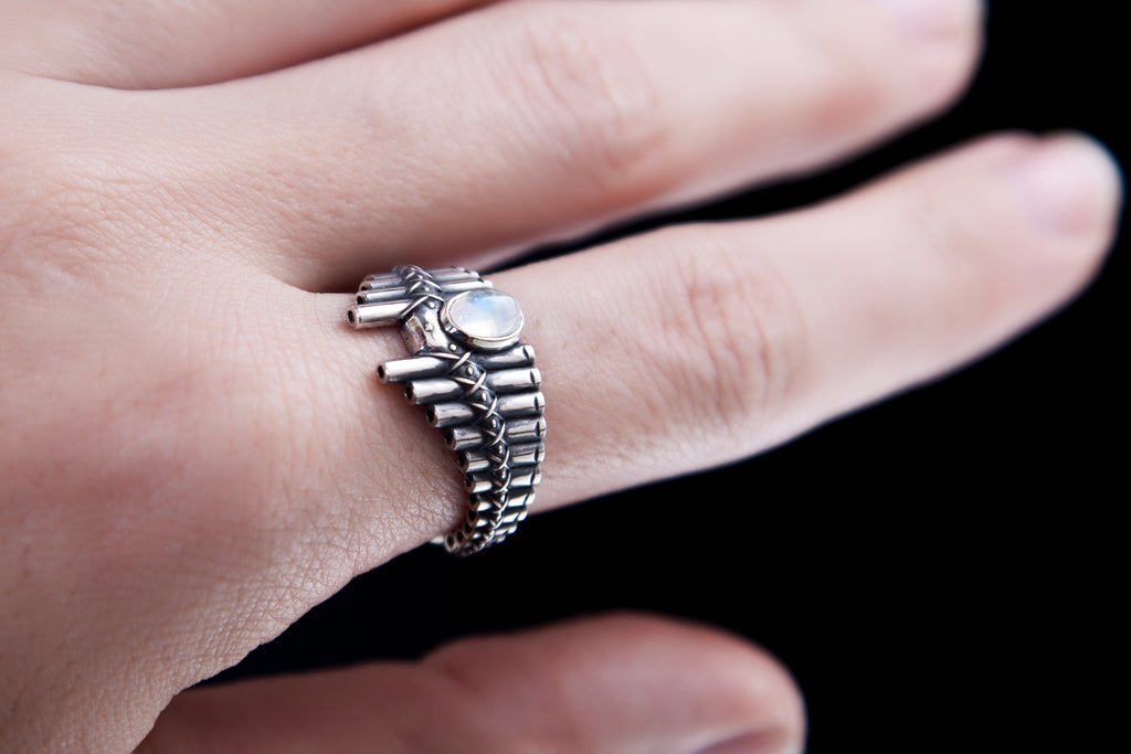 Sterling silver Pan Flute ring wrapping around finger, handmade silver jewelry