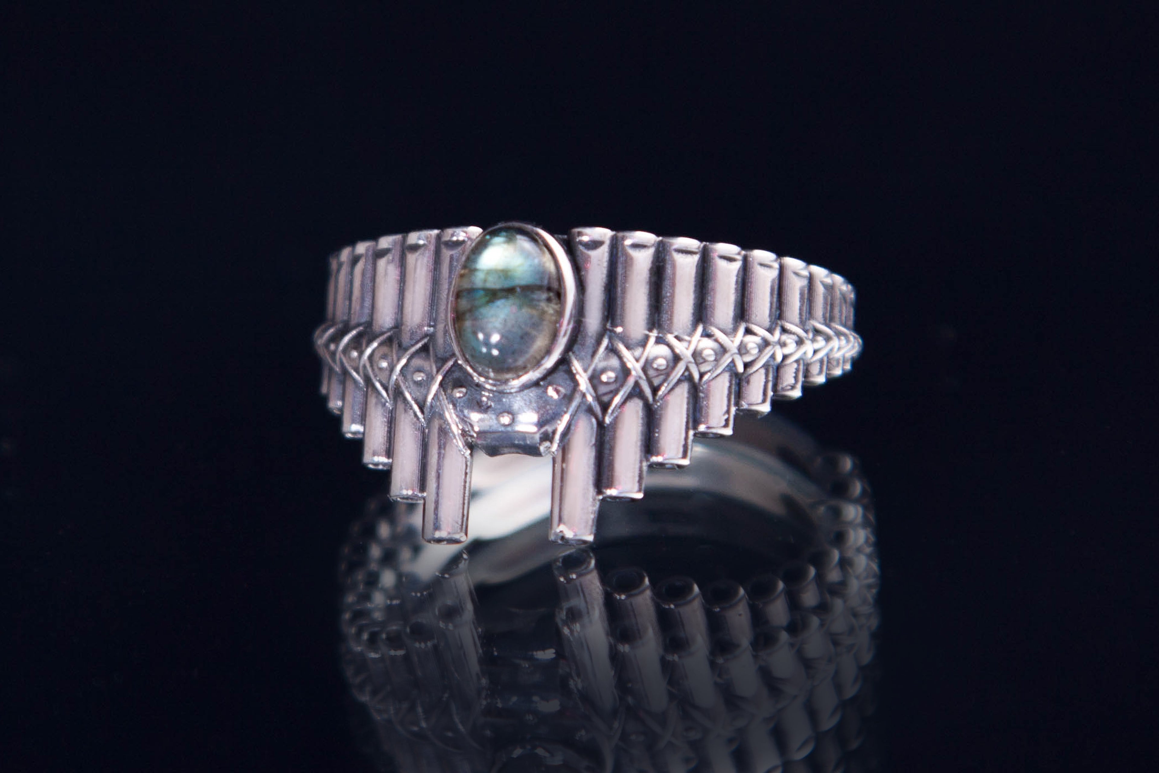 Handmade Pan Flute silver ring with labradorite, musical gift