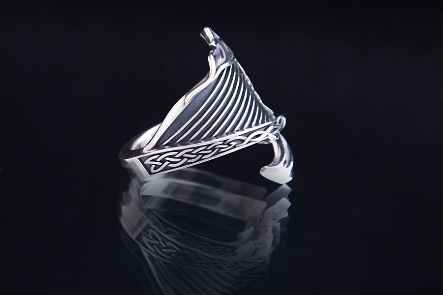 Large silver music ring with celtic harp strings, oxidized finish silver 92 nickel free
