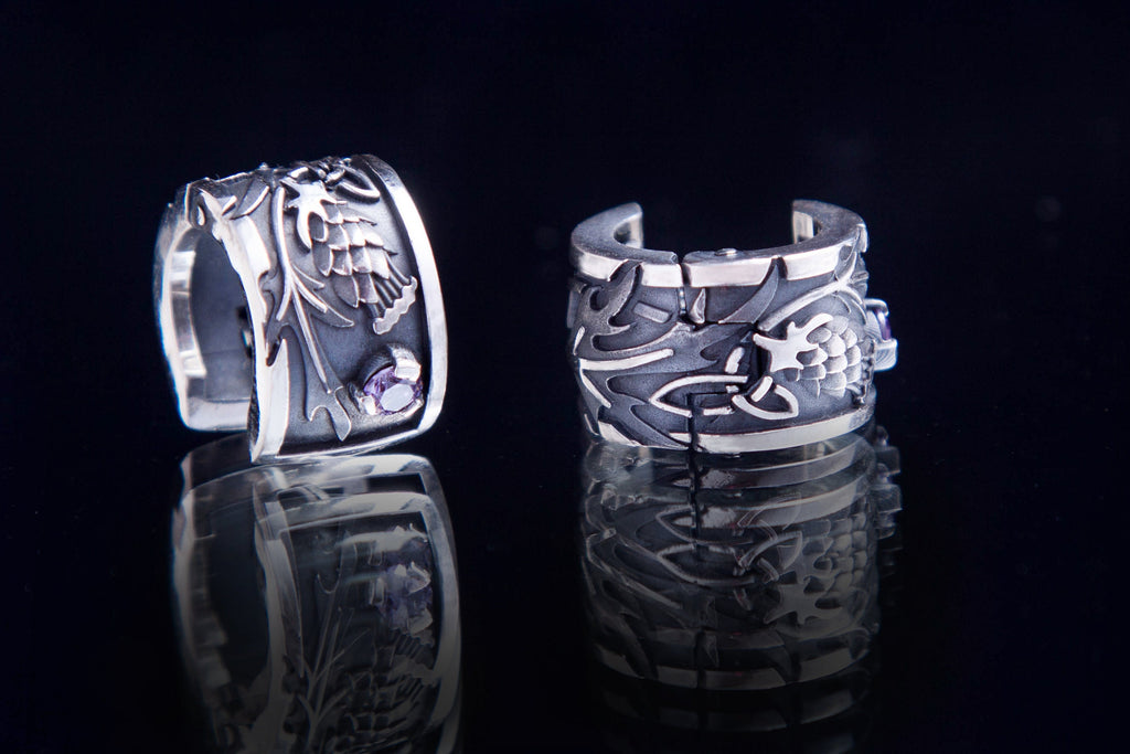 Sterling silver thistle hoop earrings with amethyst