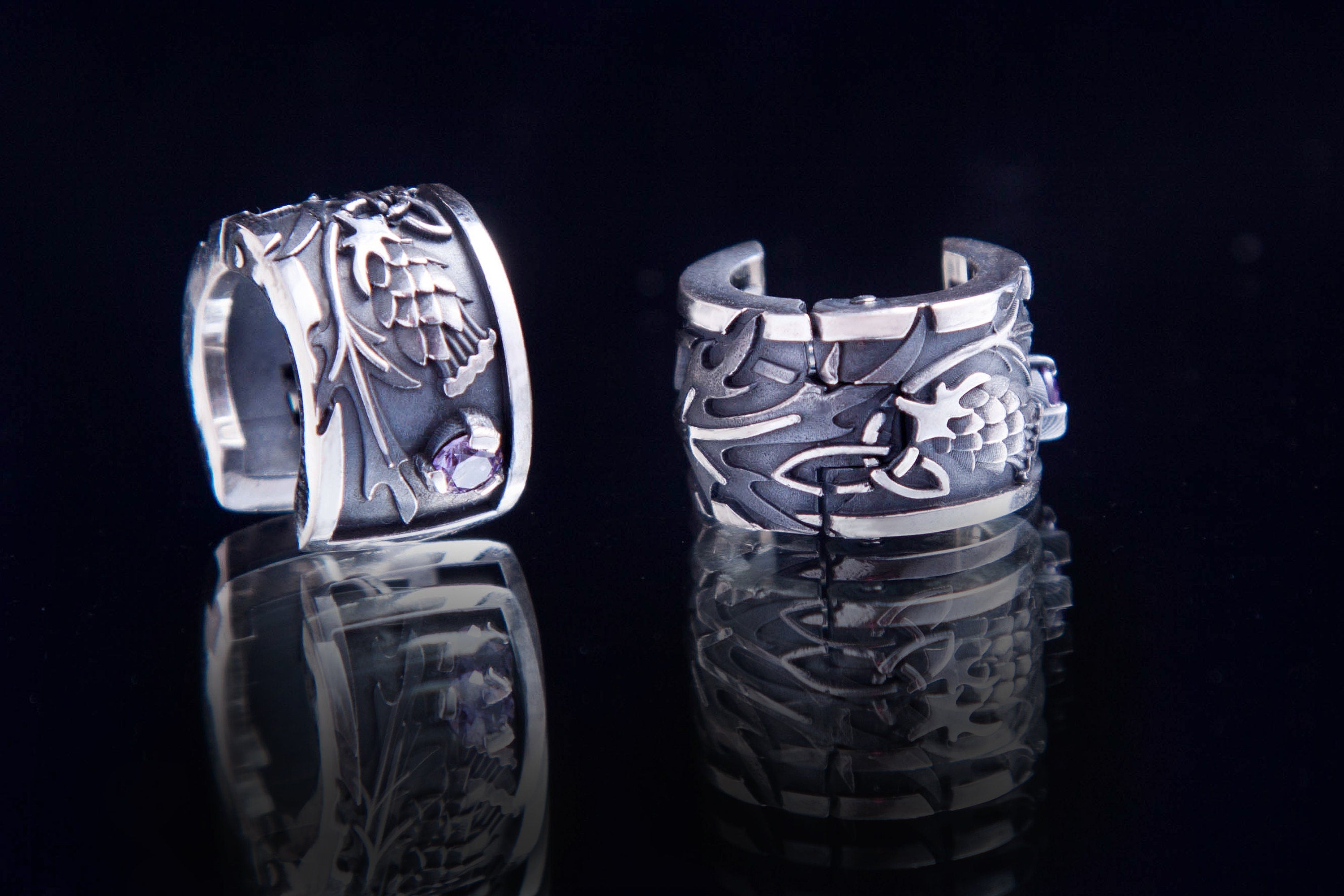 Sterling silver thistle hoop earrings with amethyst