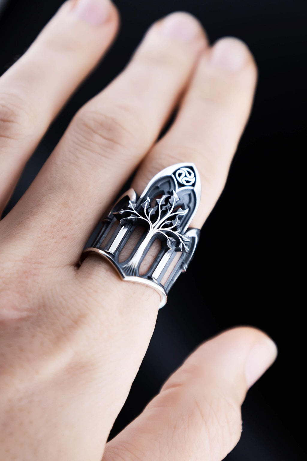 Sterling silver White Tree statement ring on hand