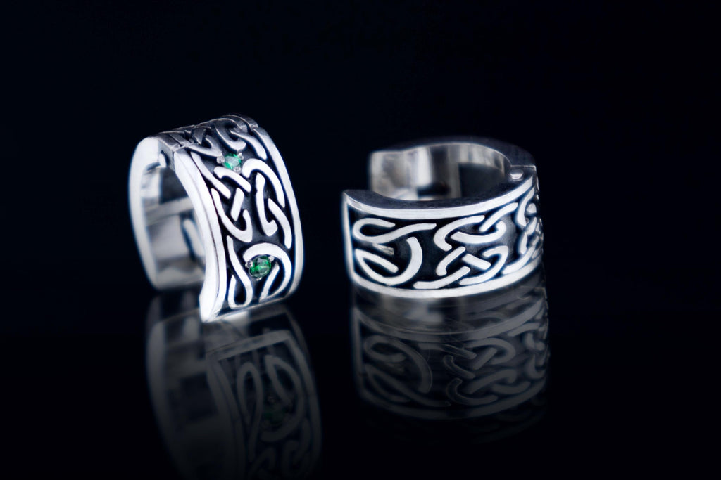 Celtic silver huggie hoop earrings with knotwork design