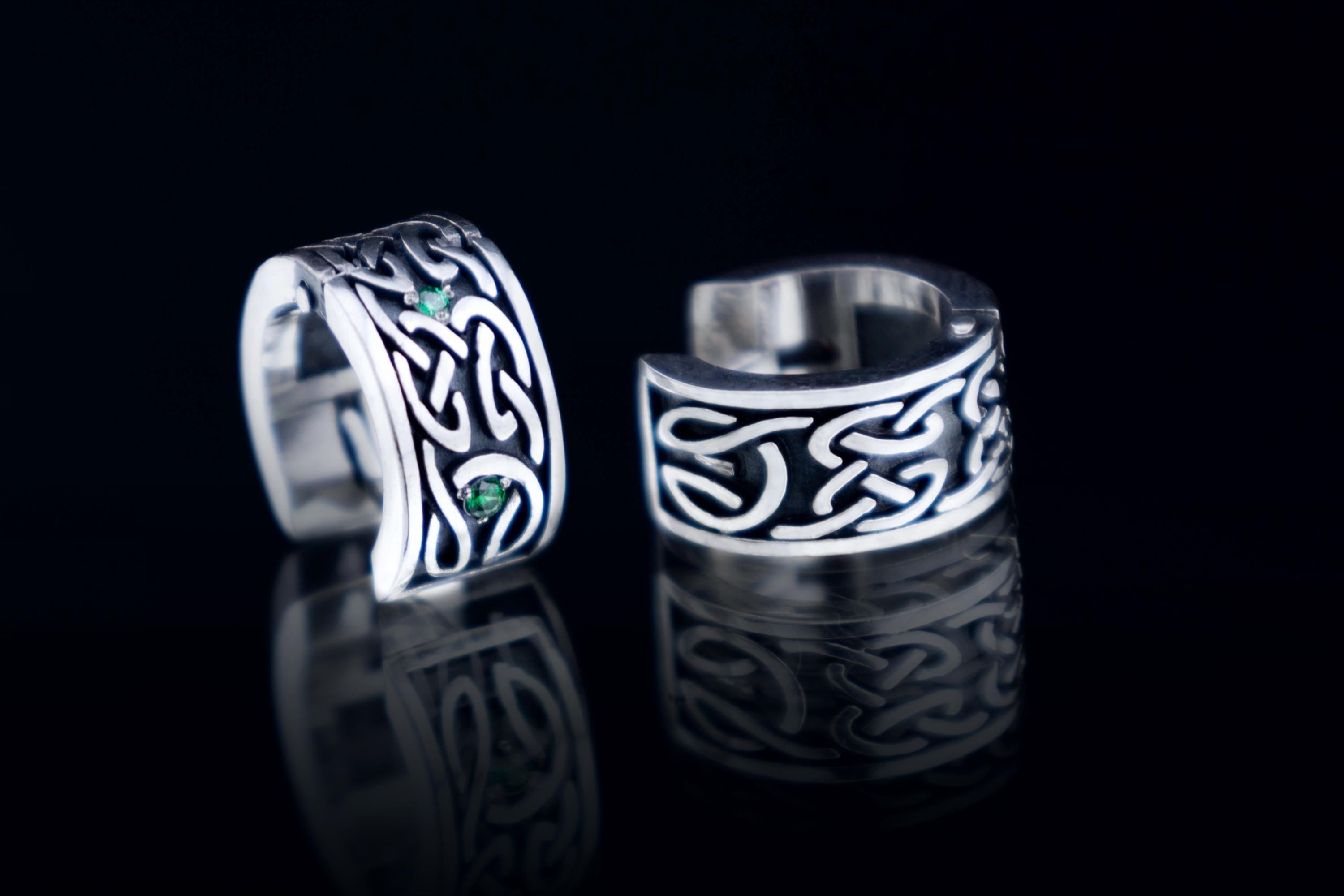 Celtic silver huggie hoop earrings with knotwork design