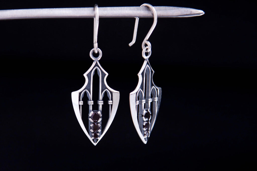 Garnet Cathedral Guardian Earrings, Sterling Silver Gothic Protection Jewelry