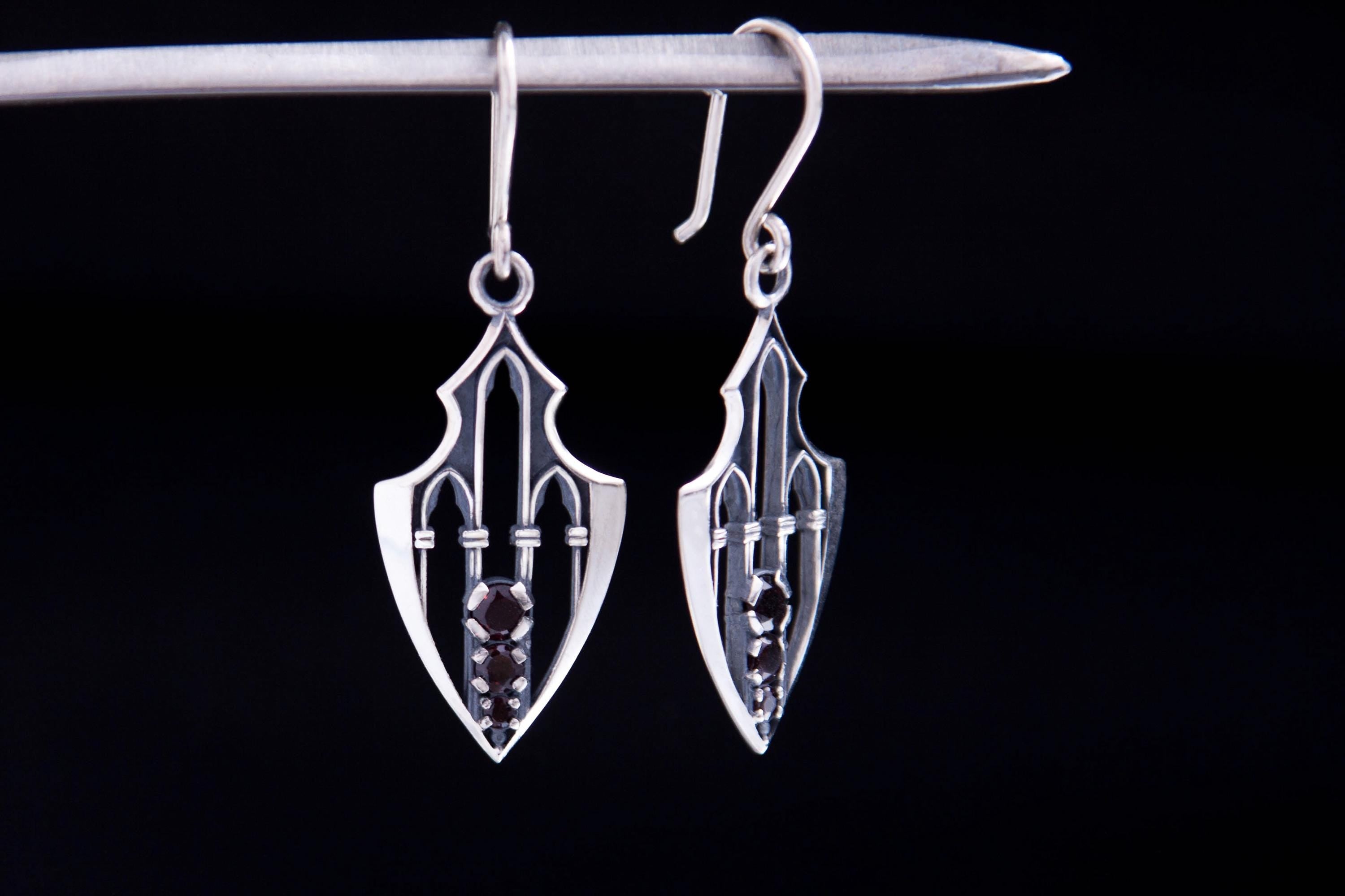 Garnet Cathedral Guardian Earrings, Sterling Silver Gothic Protection Jewelry