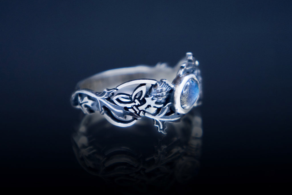 Thistle botanical ring with magic natural labradorite