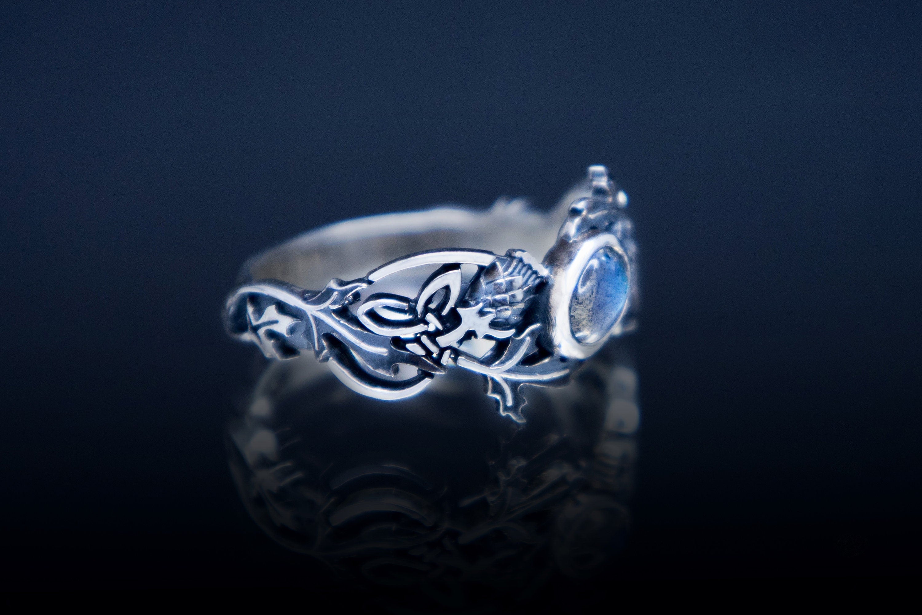 Thistle botanical ring with magic natural labradorite