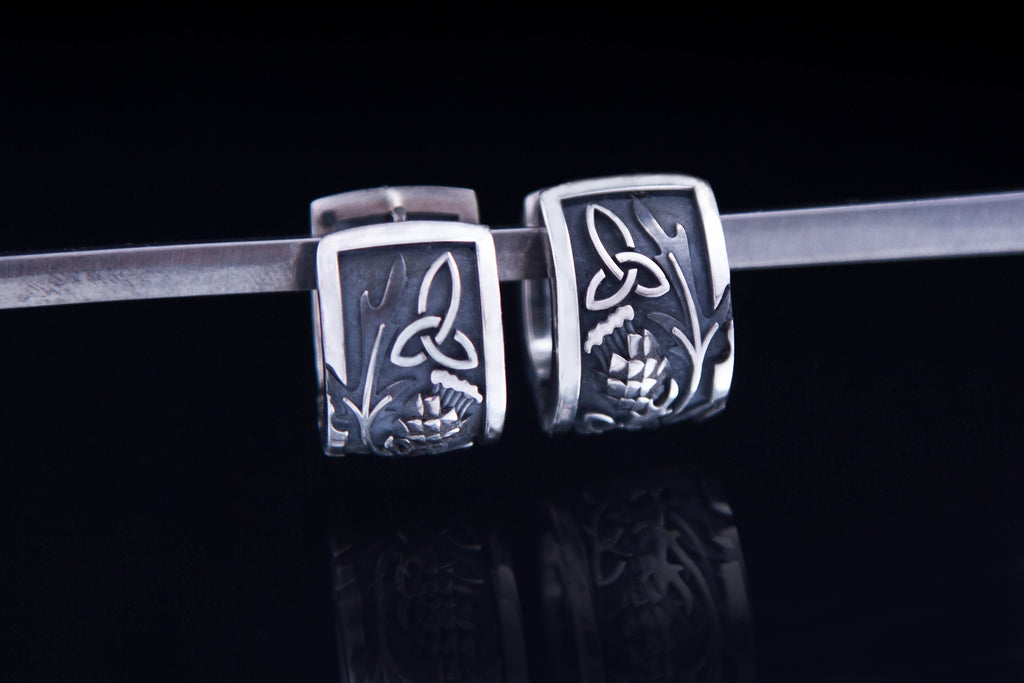 Sterling silver thistle hoop earrings wide Celtic design