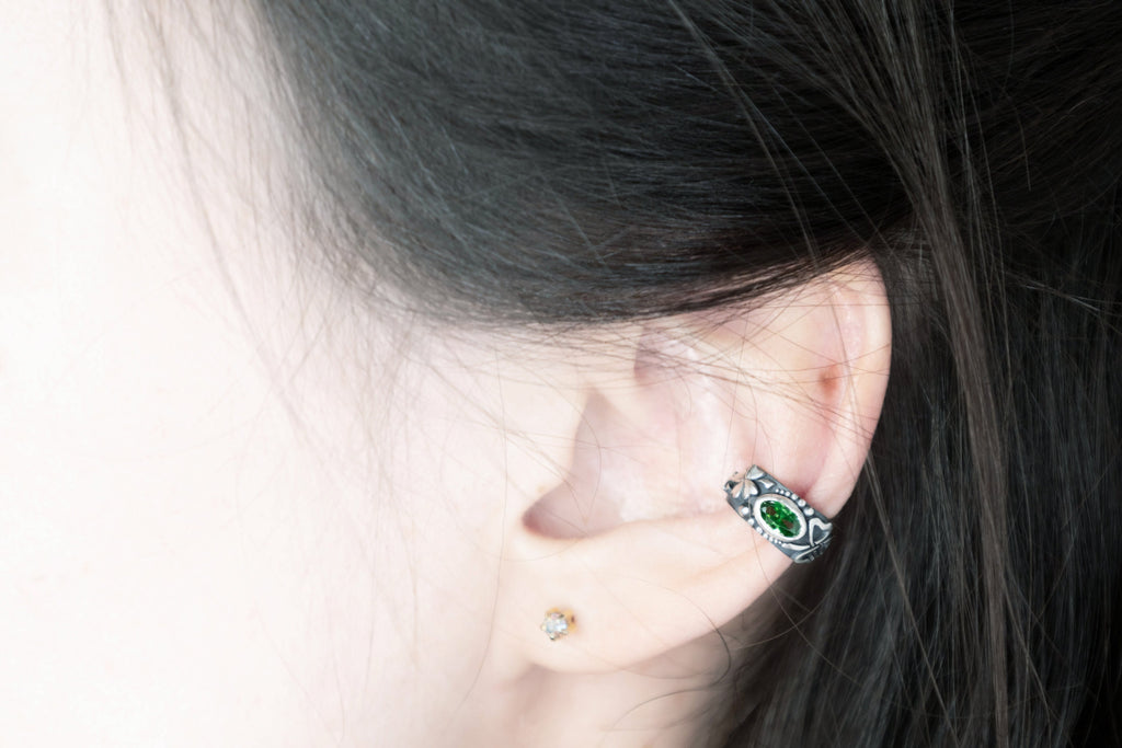 Clover ear cuff worn on ear, lightweight silver jewelry