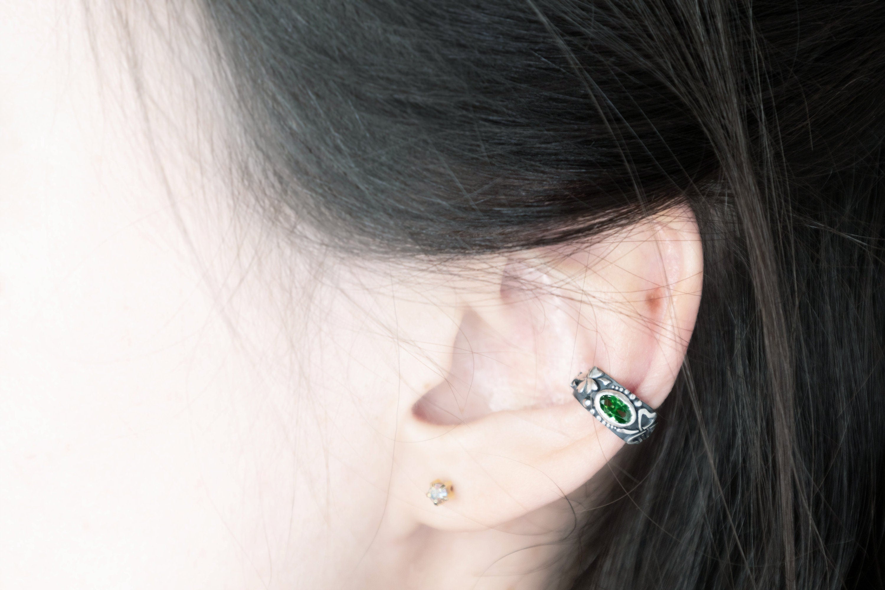 Clover ear cuff worn on ear, lightweight silver jewelry