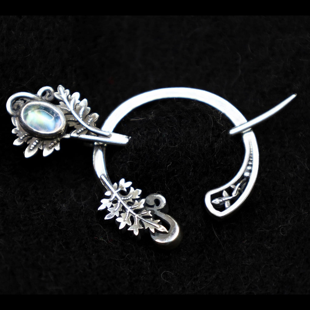 Sterling silver fern fibula with moonstone, handmade cloak pin