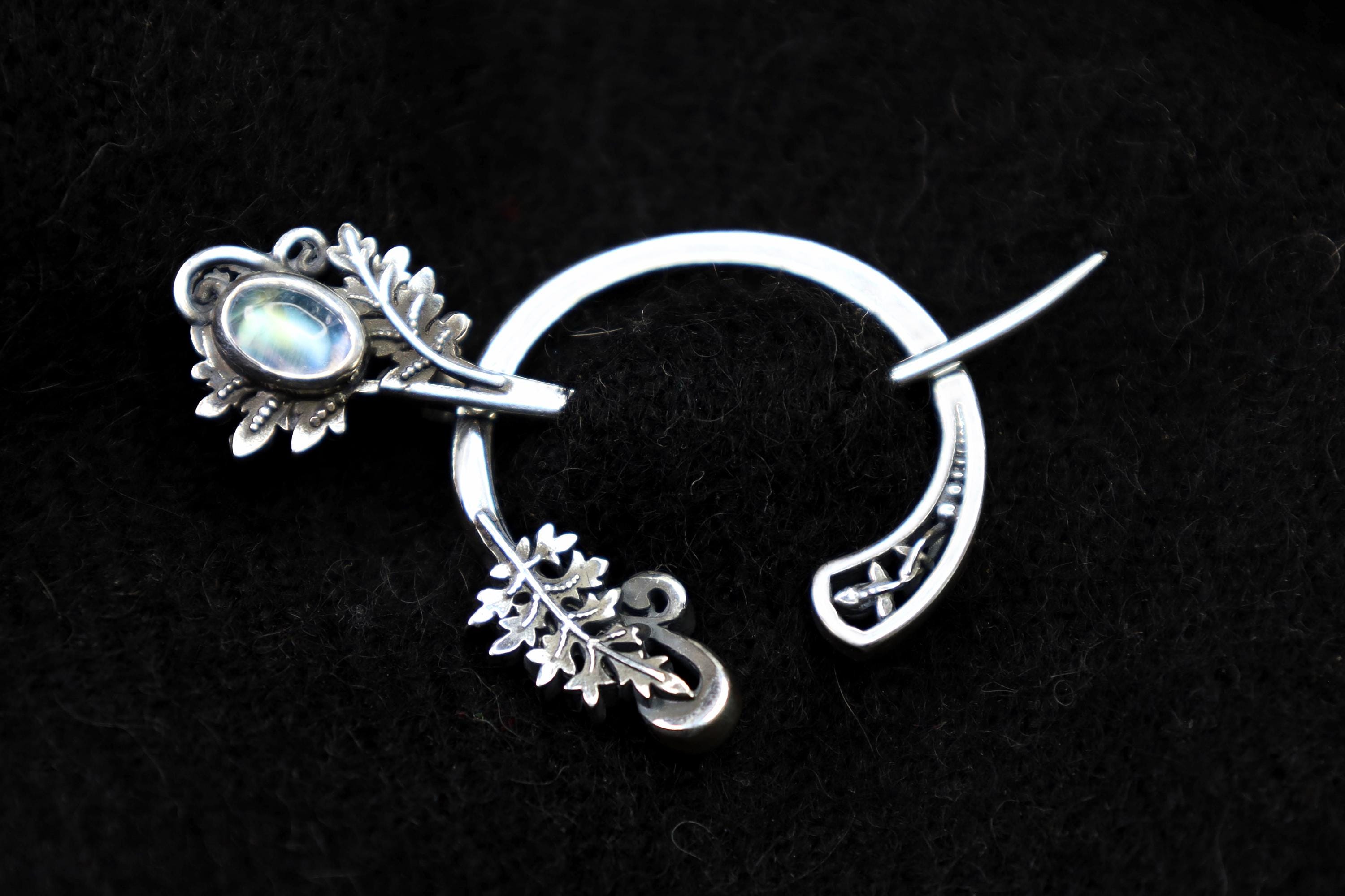 Sterling silver fern fibula with moonstone, handmade cloak pin