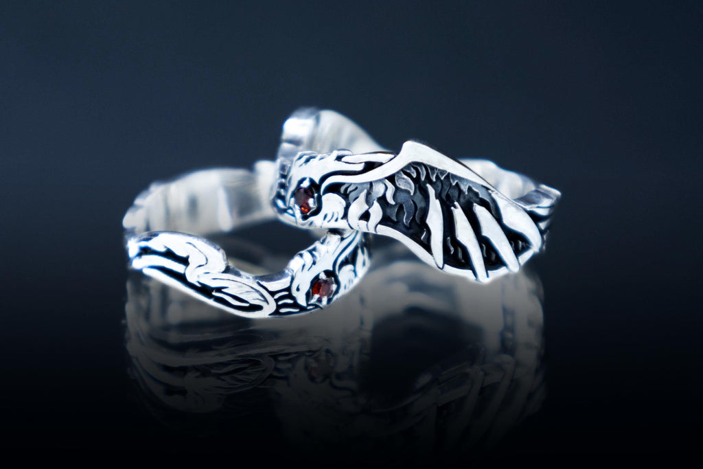 Sterling silver Phoenix ring with garnet, Unique wedding band
