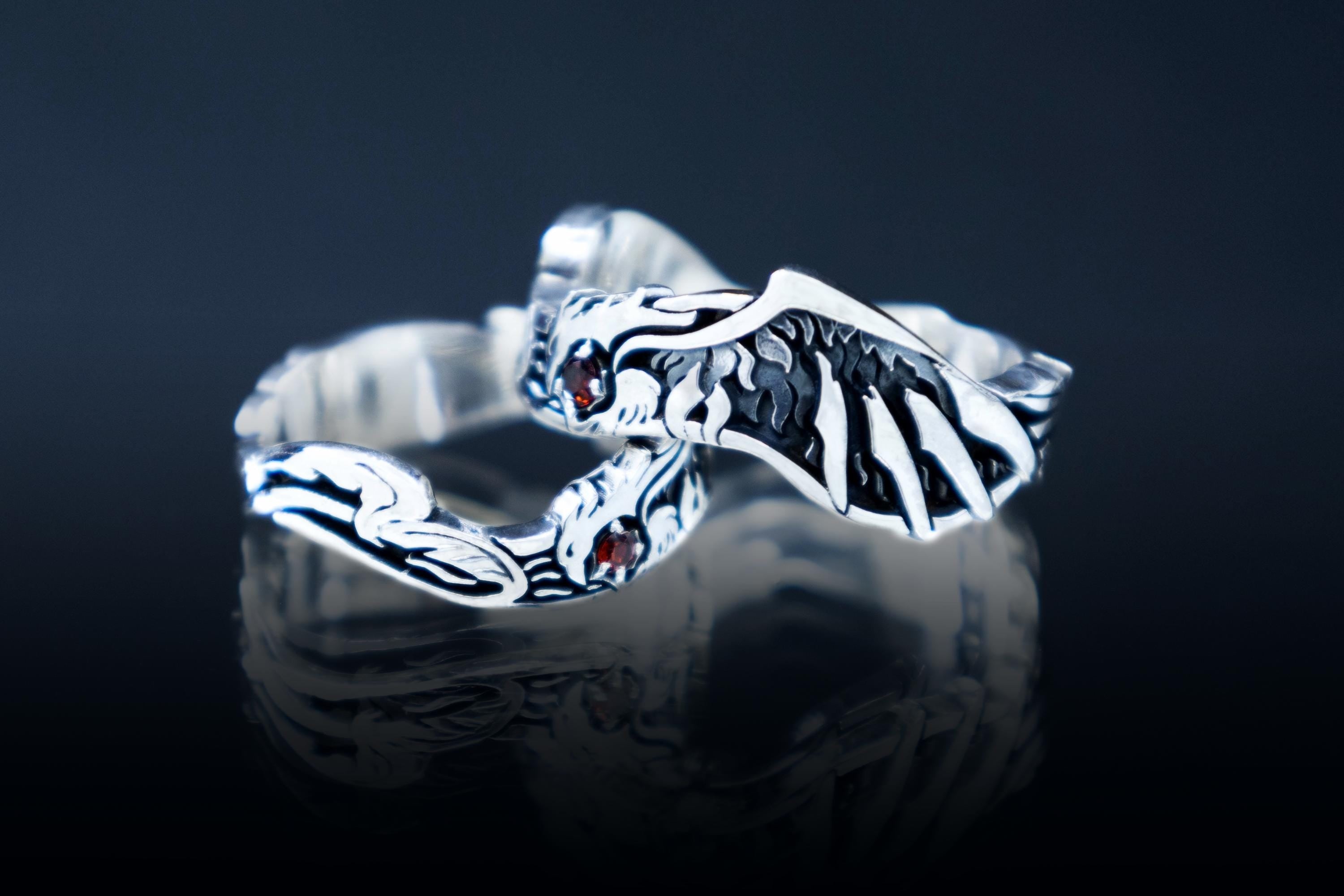 Sterling silver Phoenix ring with garnet, Unique wedding band