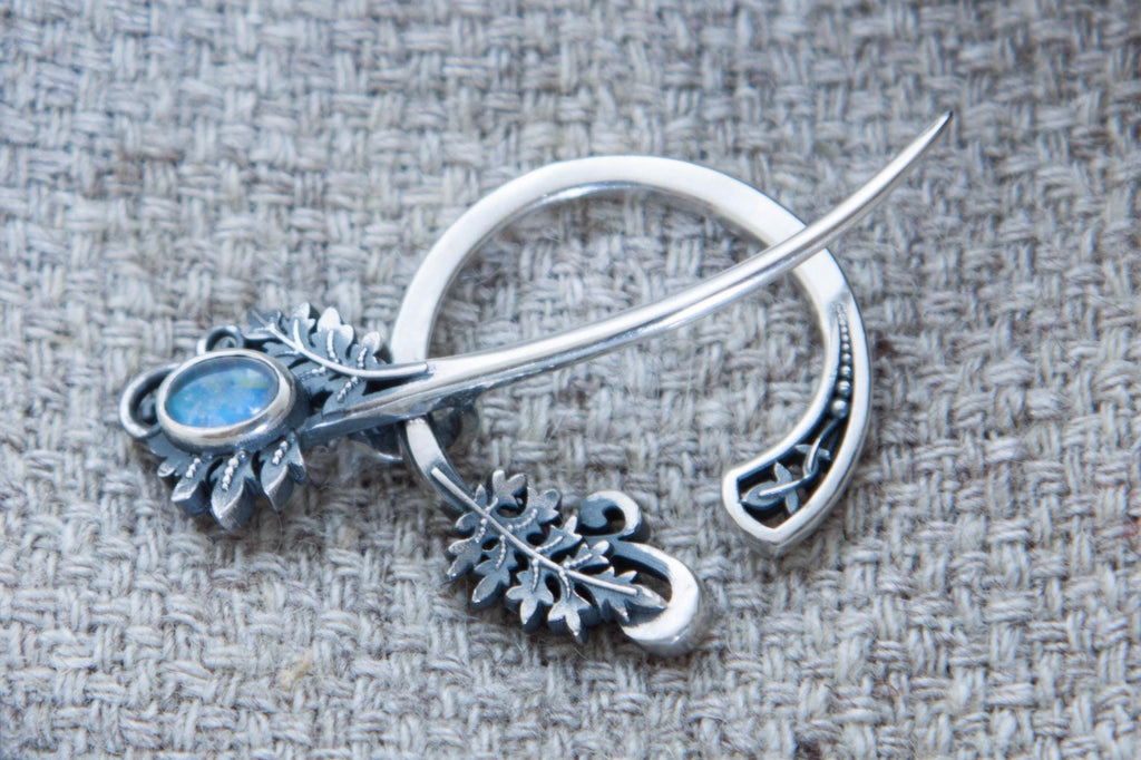 Silver Fern Fibula, Sterling Silver Moonstone Cloak Pin, Handmade