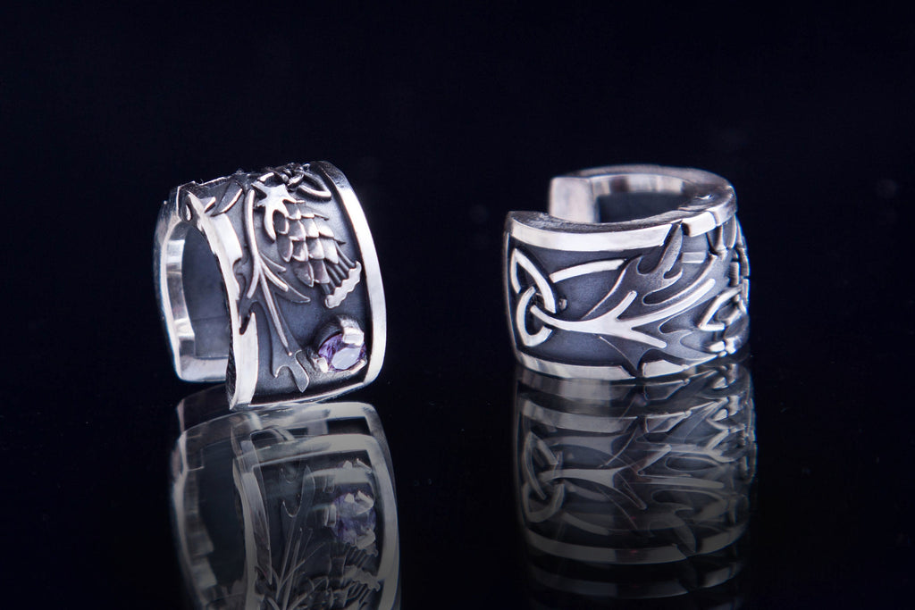 Sterling silver thistle hoop earrings with amethyst