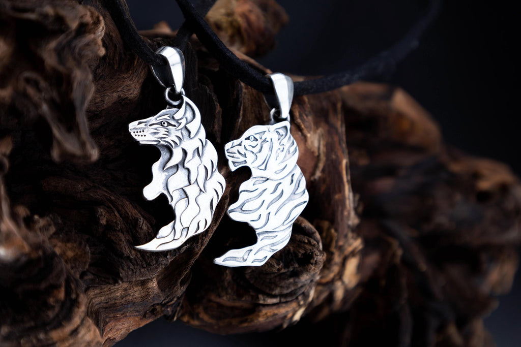 Sterling silver wolf and tiger matching pendants Gift for partners and best friends