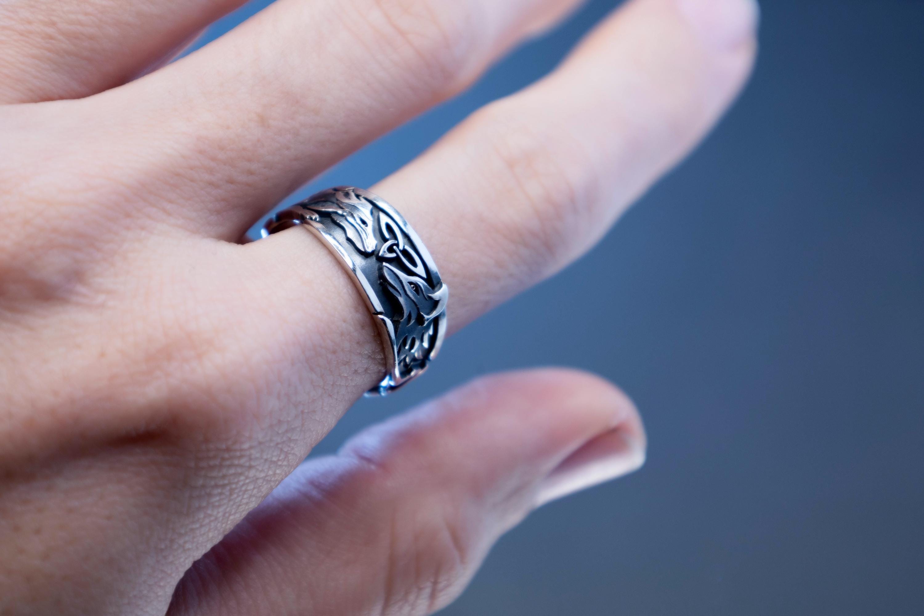 Dragon and fox silver ring worn on hand