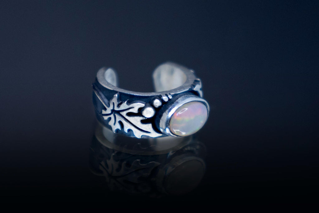 Sterling silver grape leaf ear cuff with Ethiopian opal gemstone