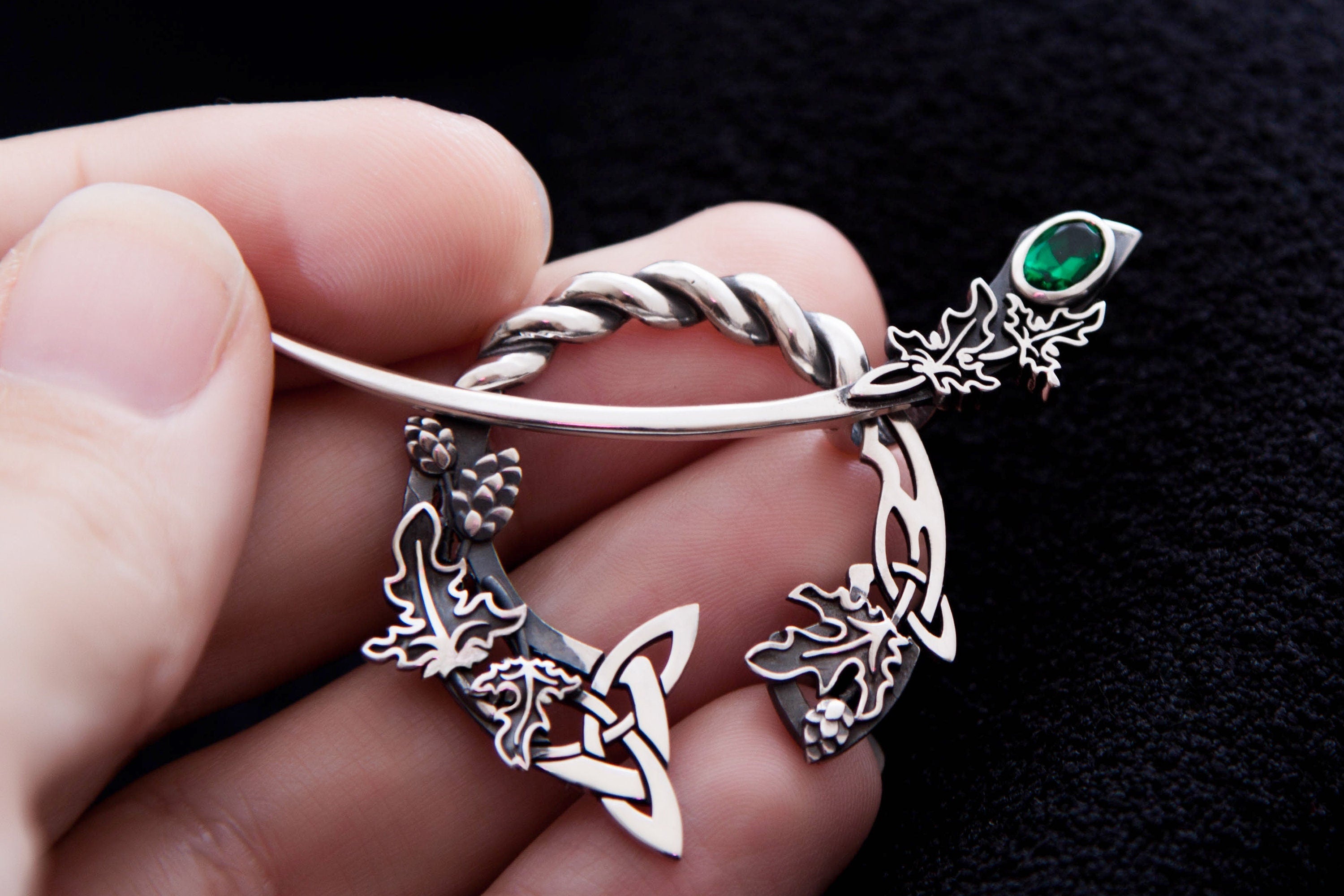 Sterling silver fantasy shawl pin with green gemstone