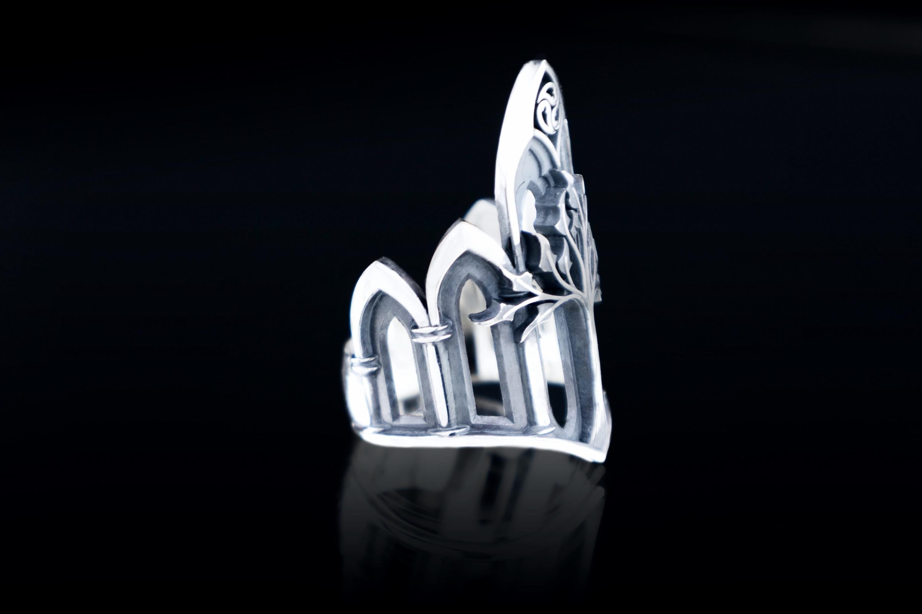 Elven fantasy silver ring with tall carved tree and gothic arches