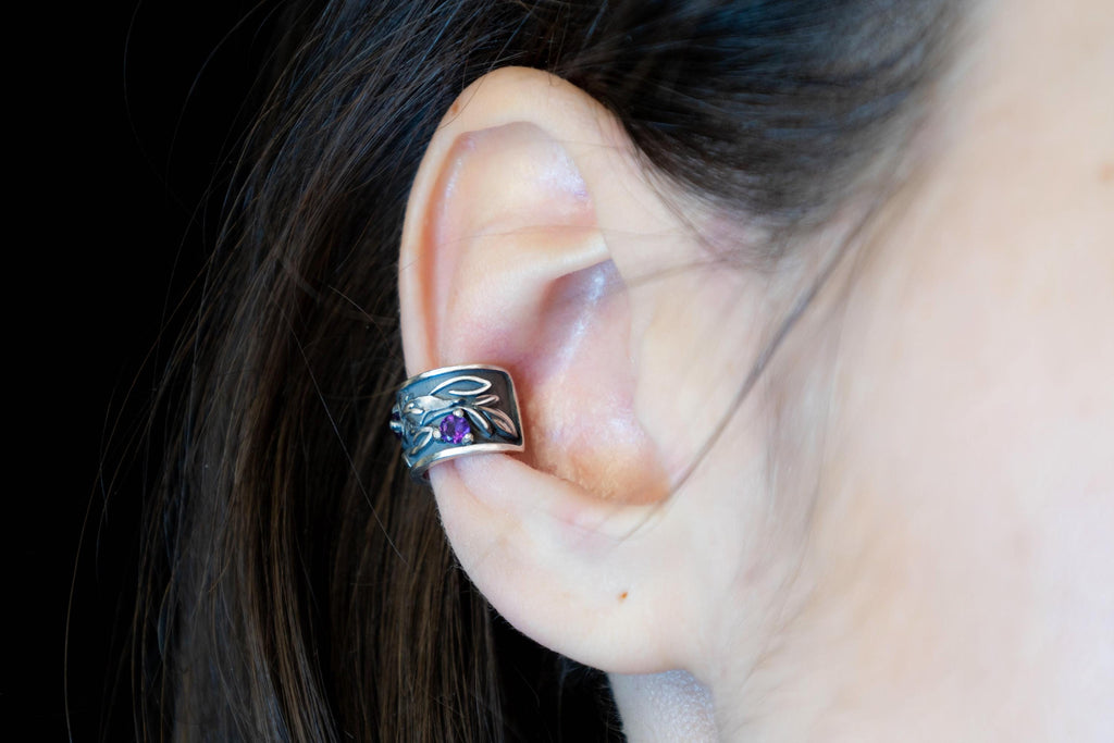 Nature inspired no piercing ear cuff sterling silver and amethyst