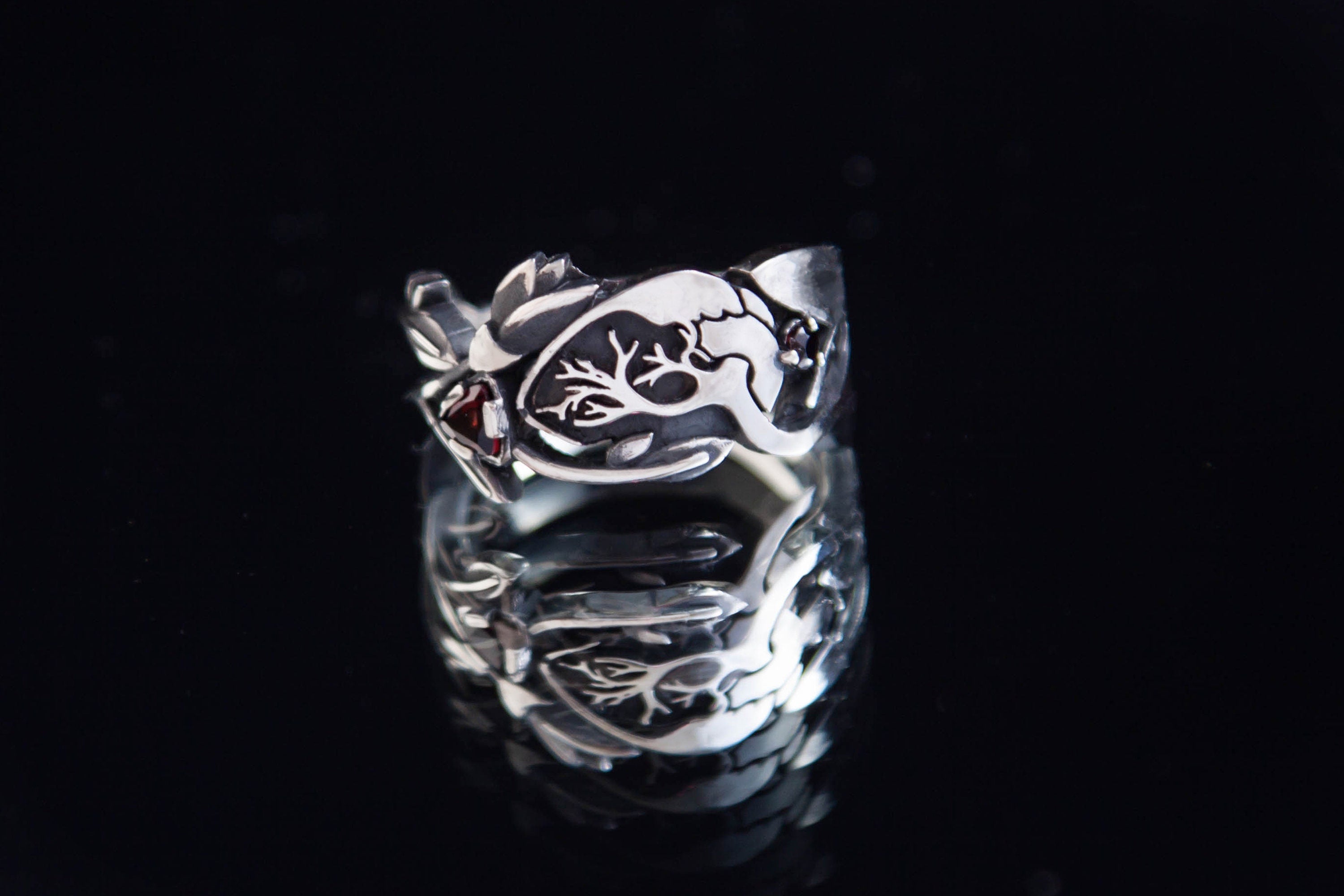 dark romance silver ring with garnets