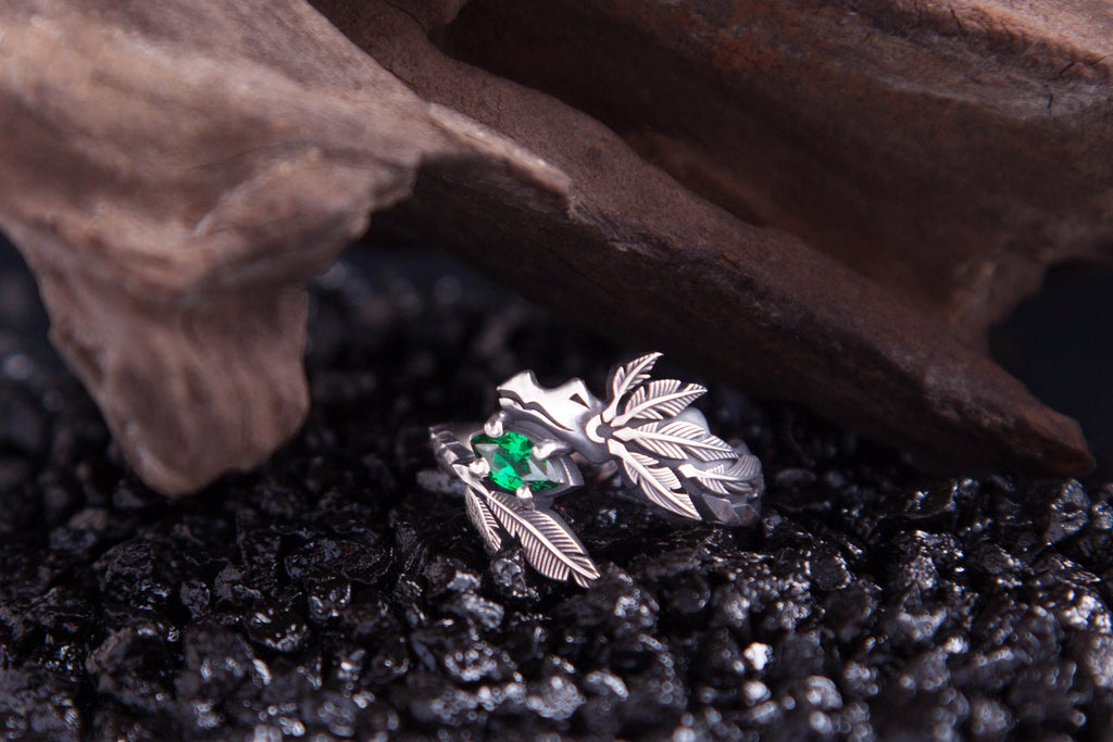 Quetzalcoatl silver ring with green gemstone  handcrafted Aztec jewelry