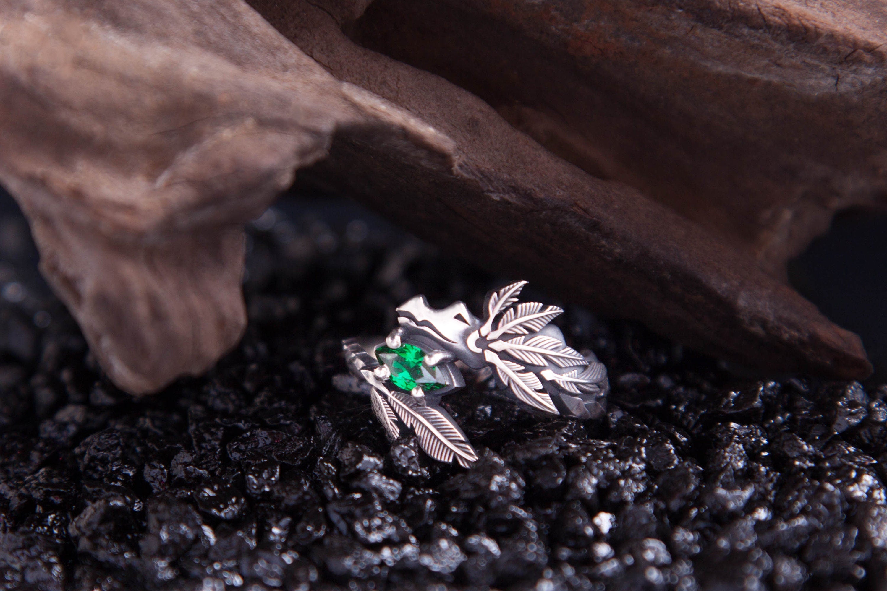 Quetzalcoatl silver ring with green gemstone  handcrafted Aztec jewelry