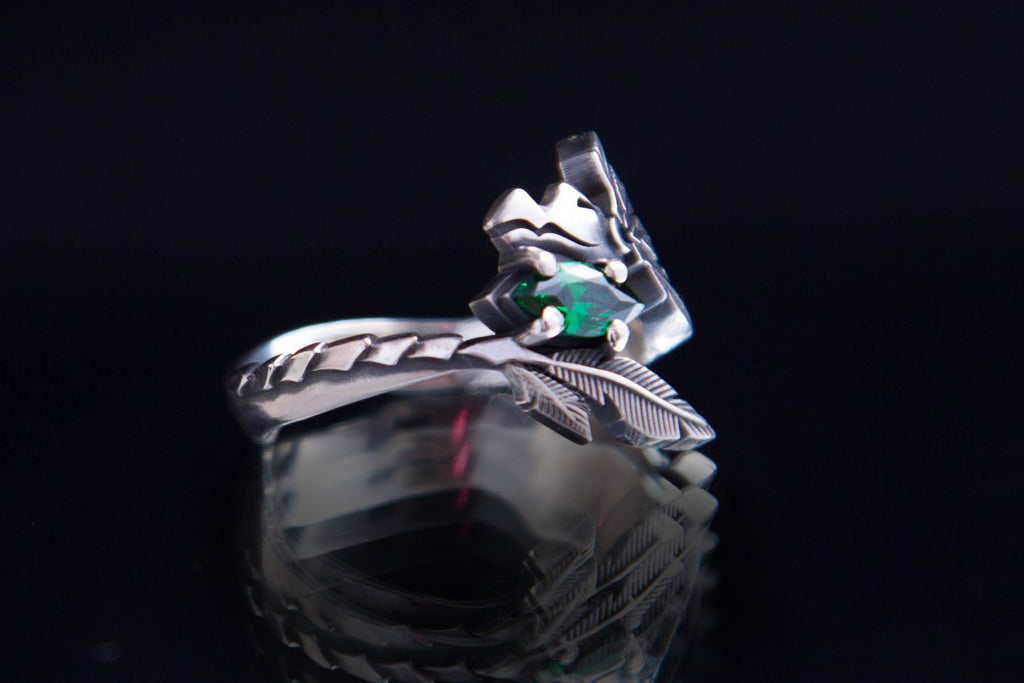Quetzalcoatl silver ring with green gemstone handcrafted Aztec jewelry