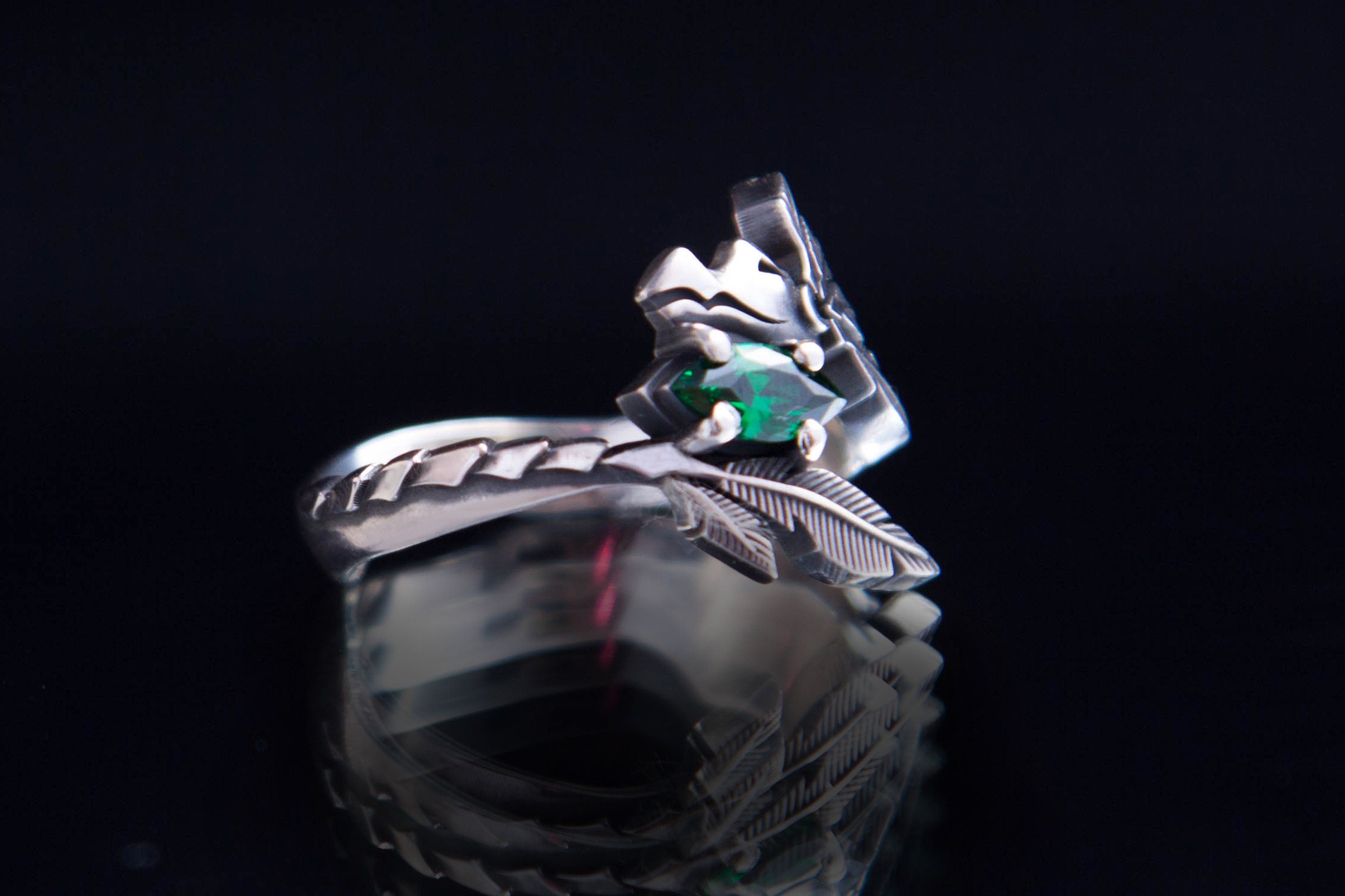 Quetzalcoatl silver ring with green gemstone handcrafted Aztec jewelry