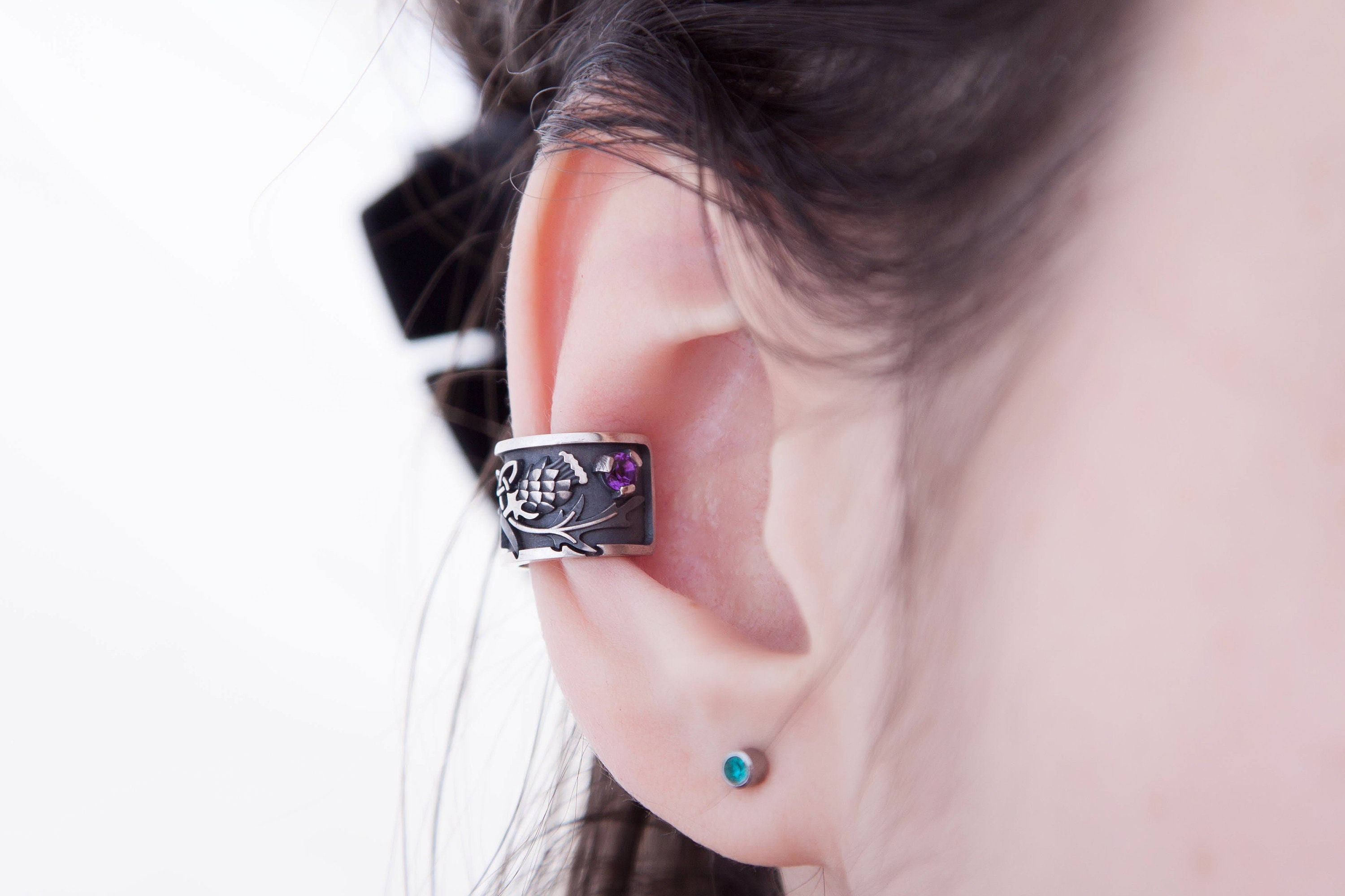 Thistle Silver Ear Cuff, Amethyst or Garnet Celtic Earring