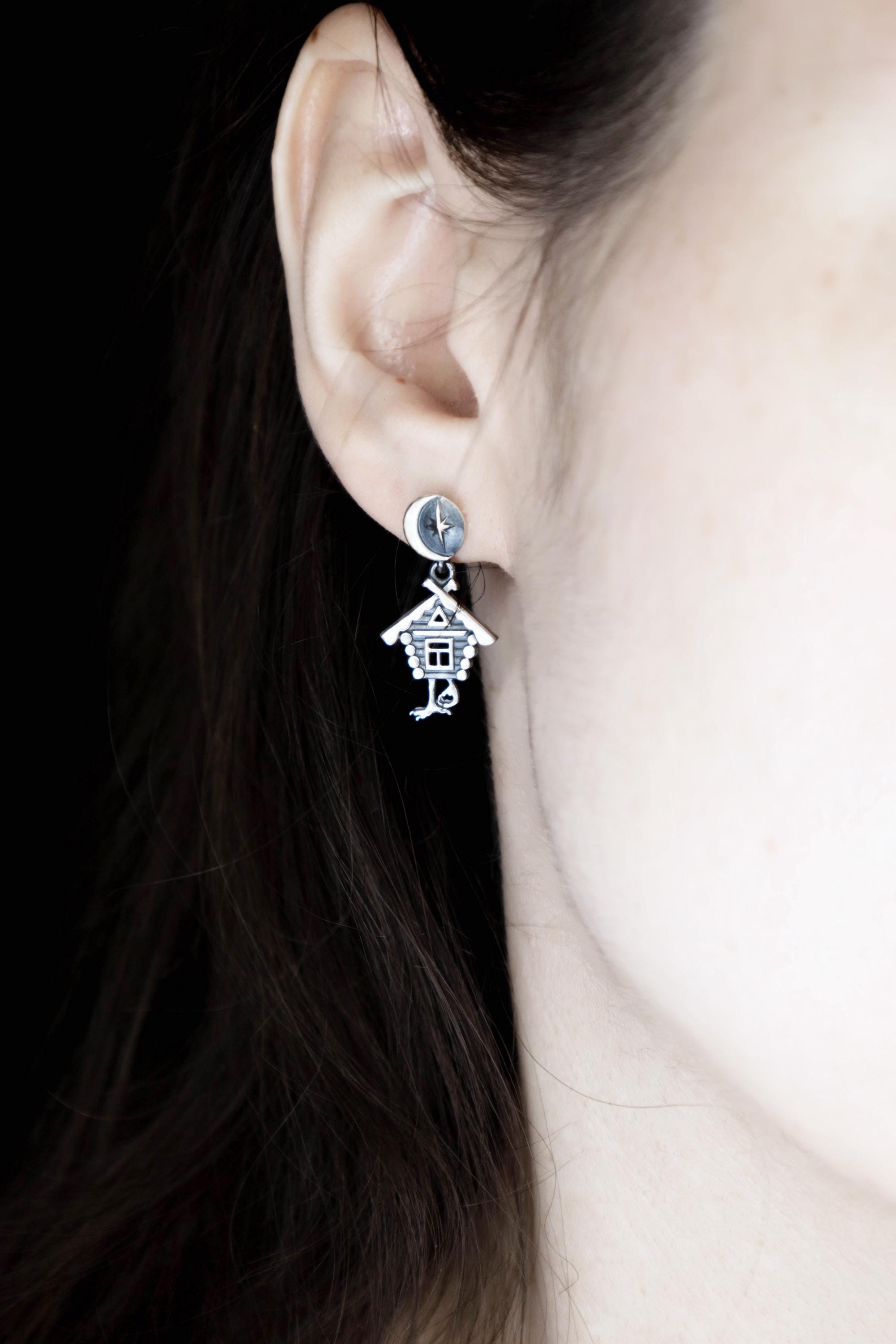 Baba Yaga Earrings, Sterling Silver Slavic Folklore Witch House on Chicken Legs