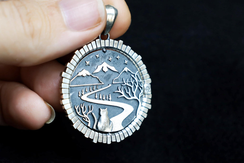 Handmade round silver pendant, book inspired fantasy jewelry