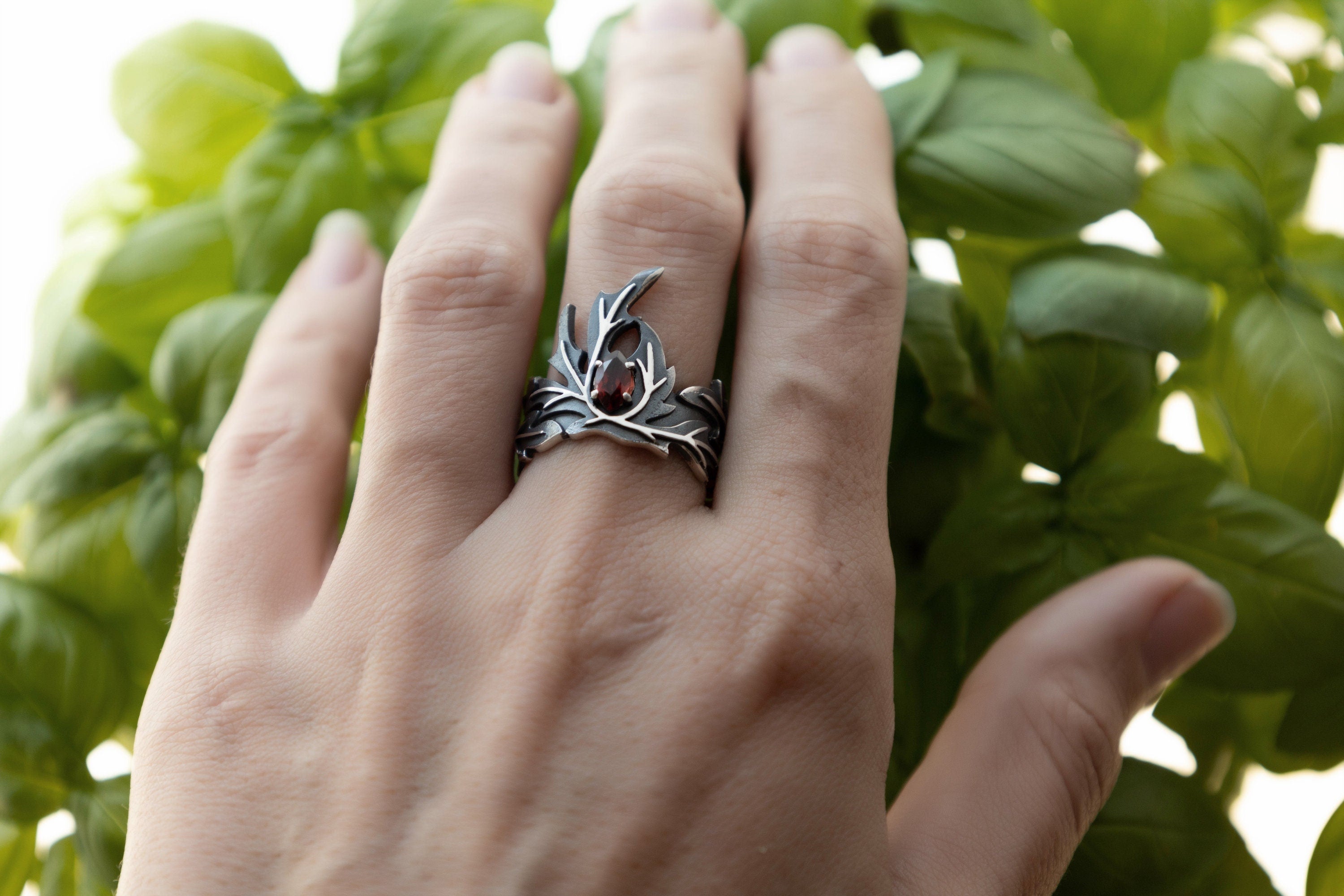 Statement Wormwood crown leaf ring, silver and garnet