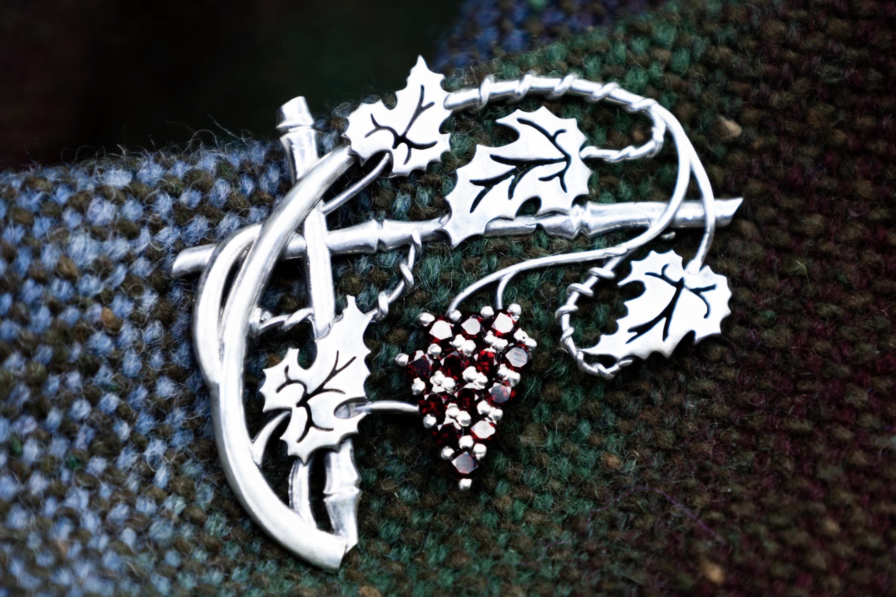 Sterling silver grape brooch with natural garnets, botanical fantasy jewelry