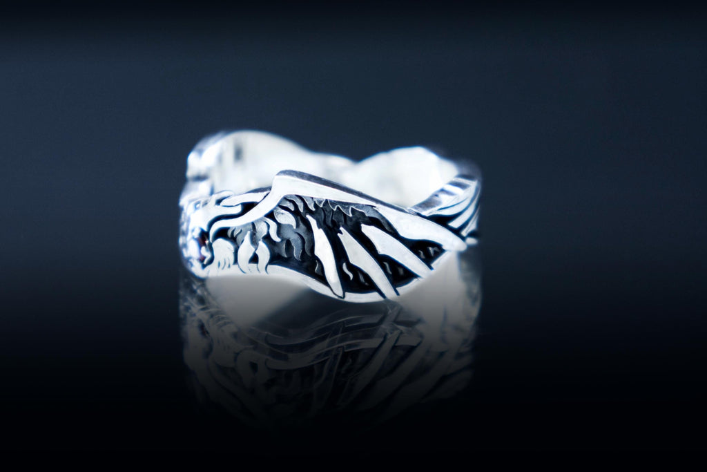 Close-up of Phoenix wing details on silver Fantasy band